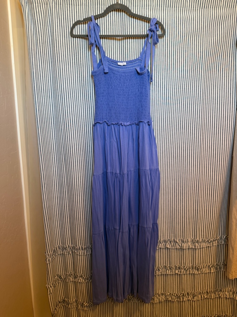 Tie-Shoulder Smocked Maxi Dress in Periwinkle Blue